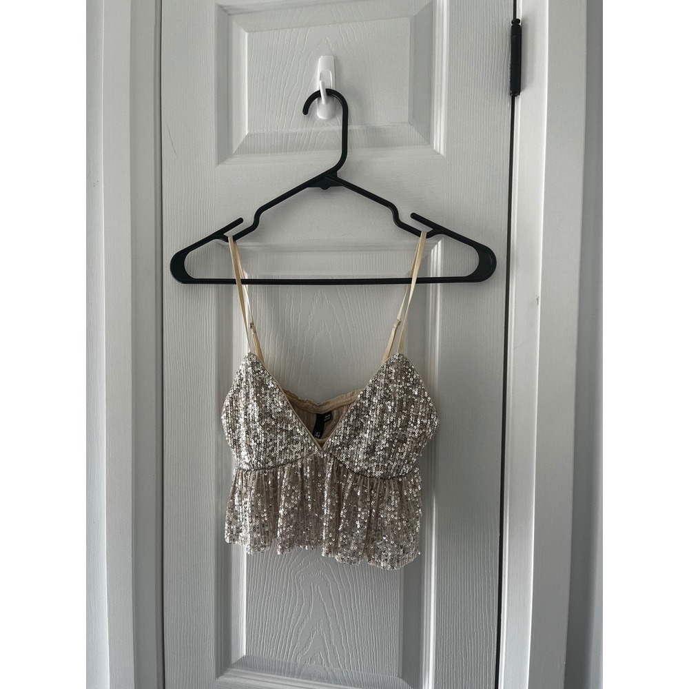 Sequin Peplum Cami Top Champagne Silver‎ XS Cropped V-Neck Festival Coachella